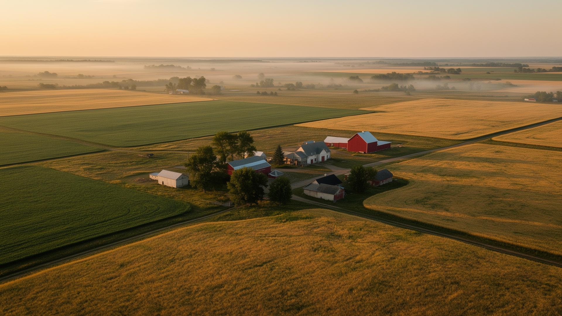 Aerial view of the family farmstead at golden hour